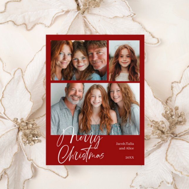 Merry Christmas Multi three photo Design Red Holiday Postcard (Creator Uploaded)