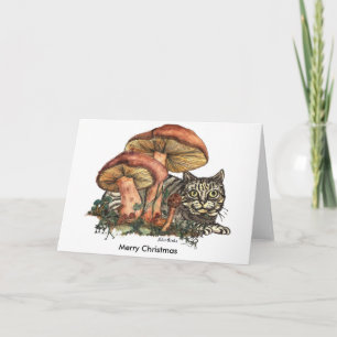 Merry Christmas Mushroom Cat Holiday Card
