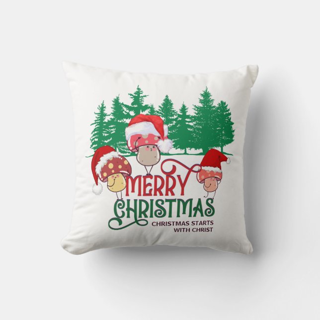 MERRY CHRISTMAS MUSHROOMS in Forest Throw Pillow (Front)