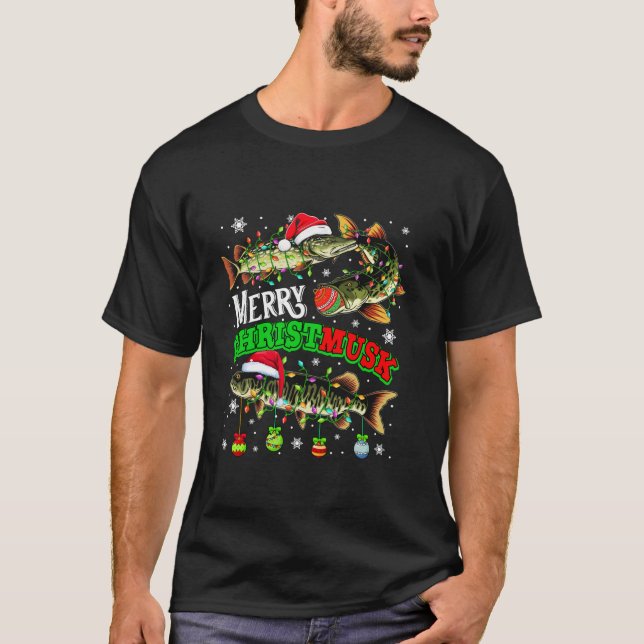 Merry Christmas Musky Three Santa Muskies Fisher F T-Shirt (Front)