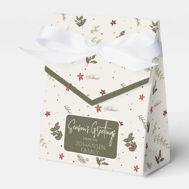 Merry Christmas Muted Holly Foliage Holiday Favor Boxes (Front Side)