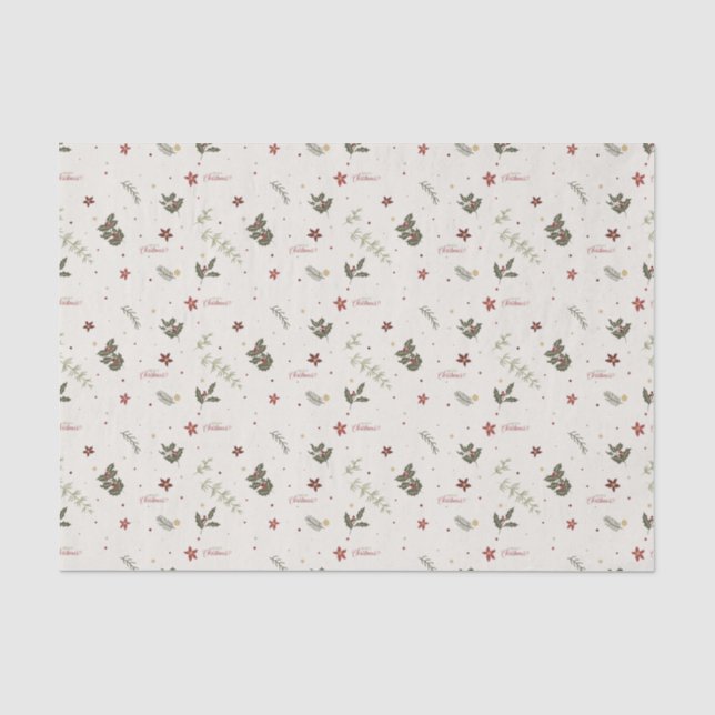 Merry Christmas Muted Holly Foliage Holiday Tissue Paper (Front)