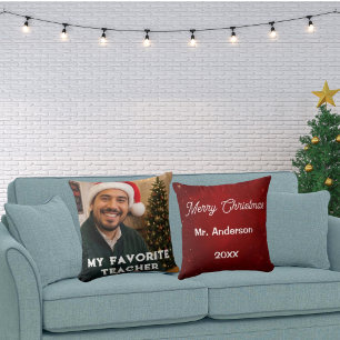 Merry Christmas My Favorite Teacher Photo Crimson Throw Pillow