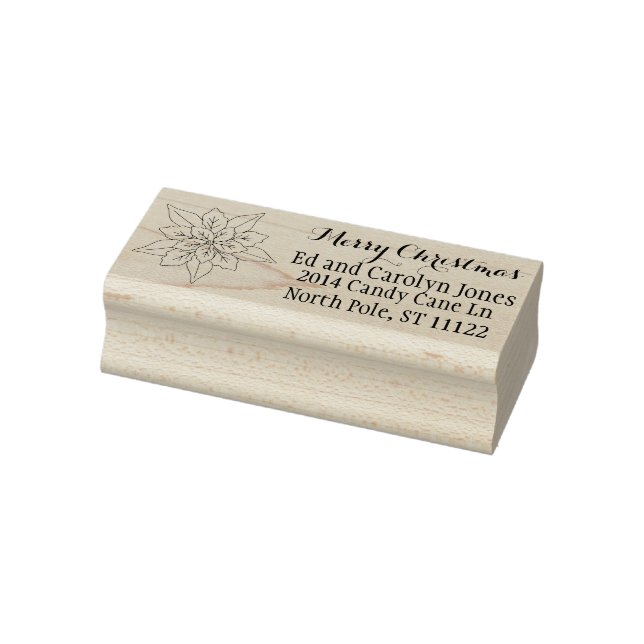 Merry Christmas, Name Address, Poinsettia Drawing Rubber Stamp (Stamp)