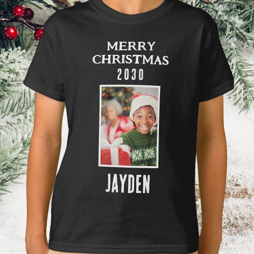 Merry Christmas Name And Photo Boys Black T_Shirt