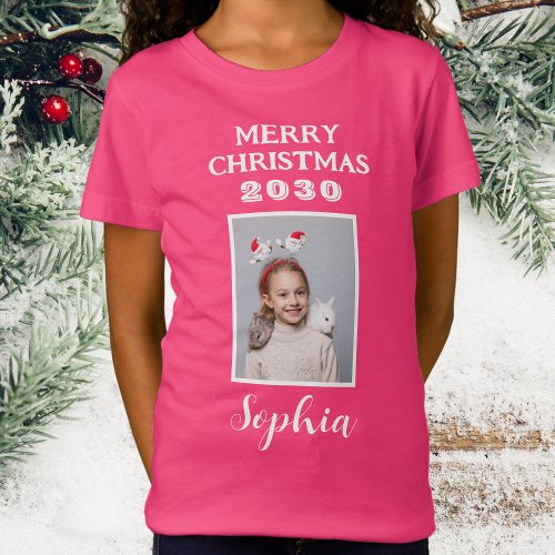 Merry Christmas Name And Photo Girls Pink T_Shirt