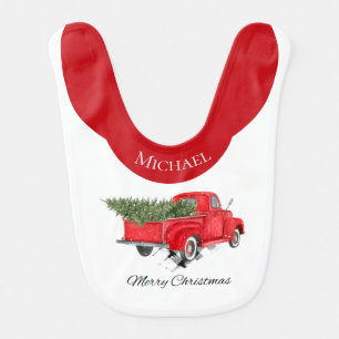 Merry Christmas Name Antique Red Truck Baby Bib