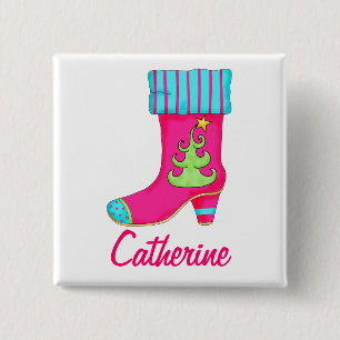 Merry Christmas Name Badge Stocking Whimsical Pink Button