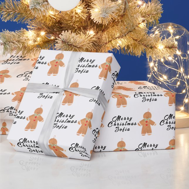 Merry Christmas Name Black White Gingerbread man Wrapping Paper (Holidays)