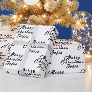 Merry Christmas Name Black White Simple Modern Wrapping Paper