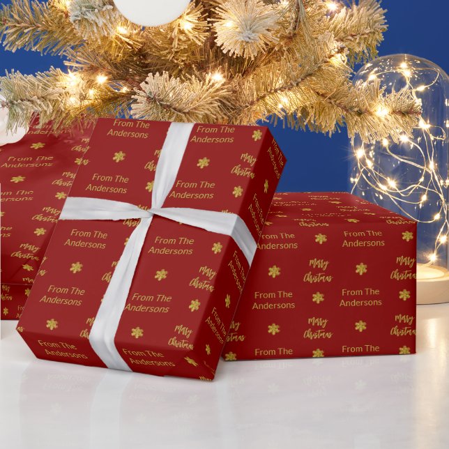 Merry Christmas & Name Dark Red Gold Snowflakes Wrapping Paper (Holidays)