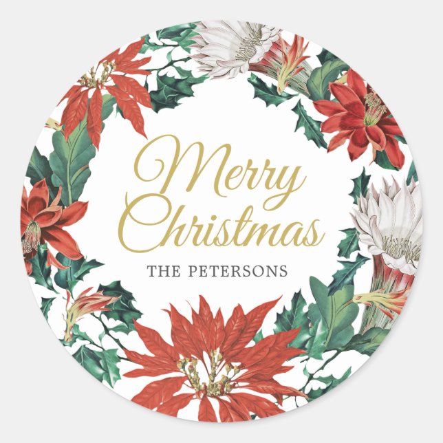 Merry Christmas Name Floral Poinsettia Wreath Classic Round Sticker (Front)