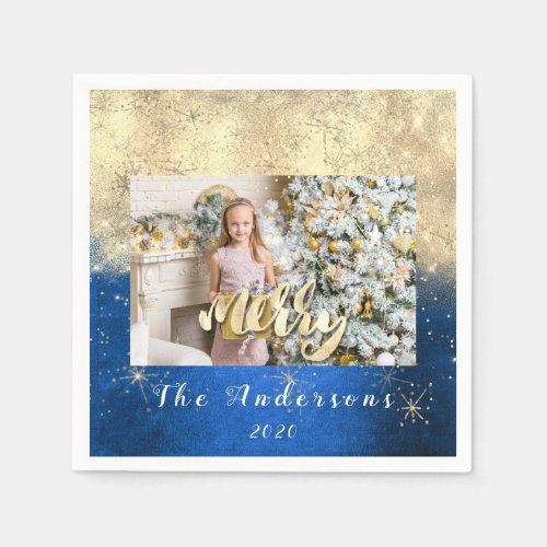 Merry Christmas Name Gold Glitter Photo Blue Indig Napkins