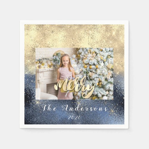 Merry Christmas Name Gold Glitter Photo Blue Navy Napkins