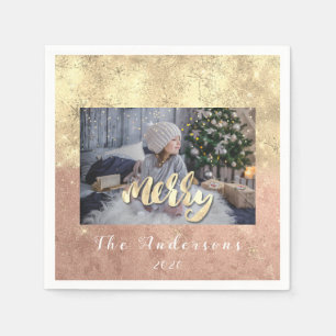 Merry Christmas Name Gold Glitter Photo Rose Stars Napkins