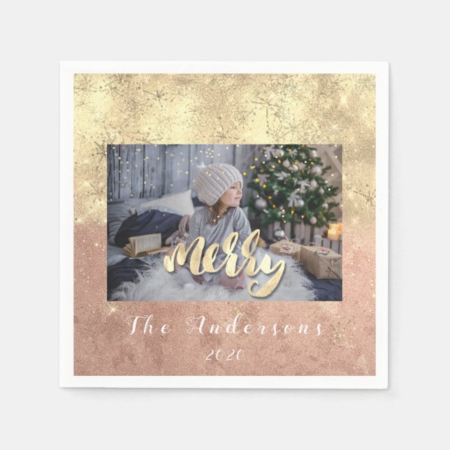 Merry Christmas Name Gold Glitter Photo Rose Stars Napkins (Front)