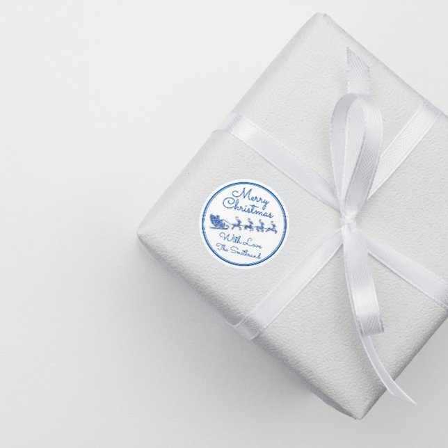 Merry Christmas Name Gray Sleigh Santa Deer White Classic Round Sticker (Merry Christmas Name Gray Sleigh Santa Deer White Classic Round Sticker)