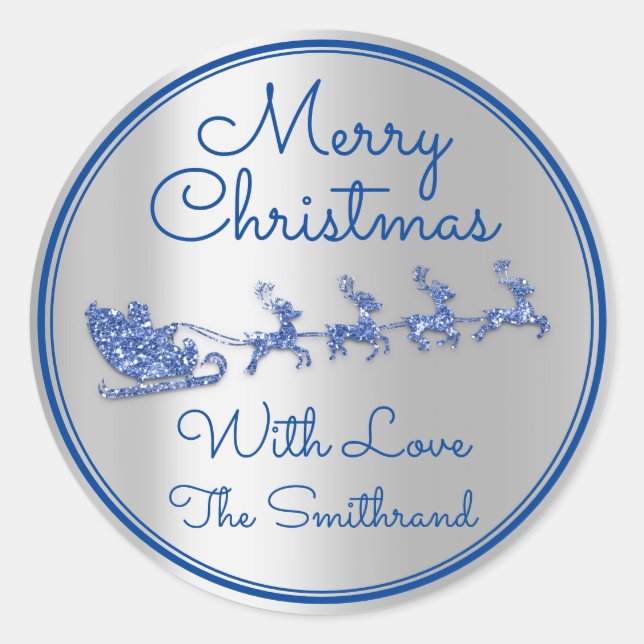 Merry Christmas Name Gray Sleigh Santa DeerSilver Classic Round Sticker (Front)
