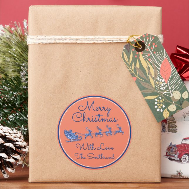 Merry Christmas Name Gray Sleigh Santa Reindeer  Classic Round Sticker (Holiday)