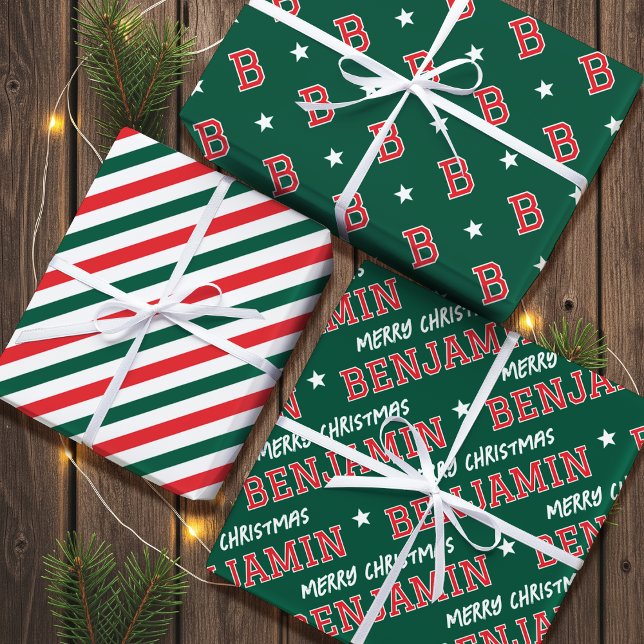 Merry Christmas Name Monogram Green Red Teen Wrapping Paper Sheets (Creator Uploaded)