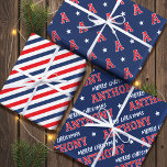 Merry Christmas Name Monogram Navy Red Teen Boy  Wrapping Paper Sheets<br><div class="desc">Get ready for Christmas with custom name wrapping paper! This bold design includes three coordinating sheets, perfect for individual use or as a set. It features sports jersey inspired typography, with a retro block font, stars, and traditional diagonal stripes. Personalize the template with the recipient's name and a monogram initial....</div>