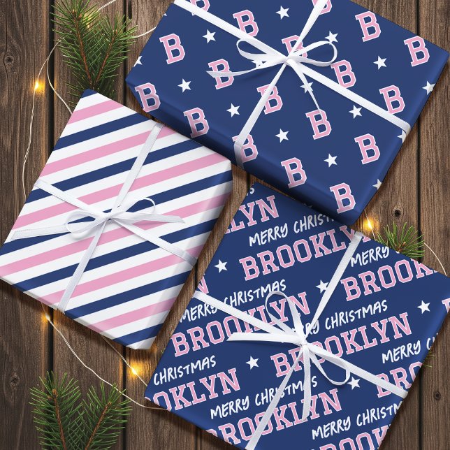 Merry Christmas Name Monogram Pink Navy Teen Girl Wrapping Paper Sheets (Creator Uploaded)