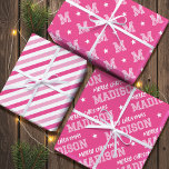 Merry Christmas Name Monogram Pink Teen Girl Wrapping Paper Sheets<br><div class="desc">Get ready for Christmas with custom name wrapping paper! This bold design includes three coordinating sheets, perfect for individual use or as a set. It features sports jersey inspired typography, with a retro block font, stars, and traditional diagonal stripes. Personalize the template with the recipient's name and a monogram initial....</div>