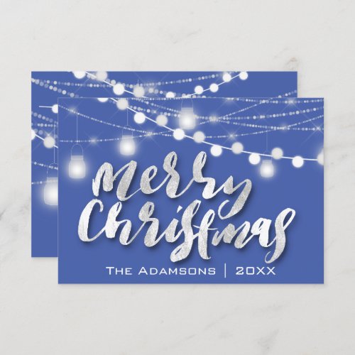 Merry Christmas Name Photo Grey Gray Lights Blue Invitation