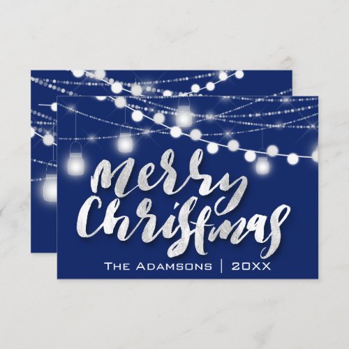 Merry Christmas Name Photo Grey Lights Blue Navy Invitation