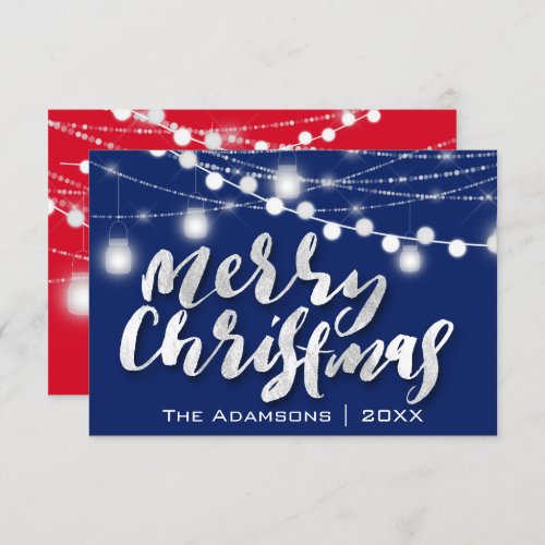 Merry Christmas Name Photo Grey Lights Red Navy Invitation