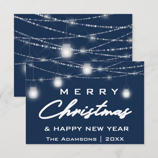 Merry Christmas Name Photo Lights  Blue Navy Invitation (Front/Back)
