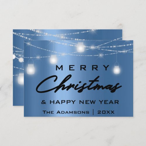 Merry Christmas Name Photo Tree Gray Lights Blue Invitation