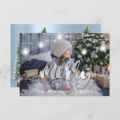 Merry Christmas Name Photo Tree Gray Lights Blue Invitation