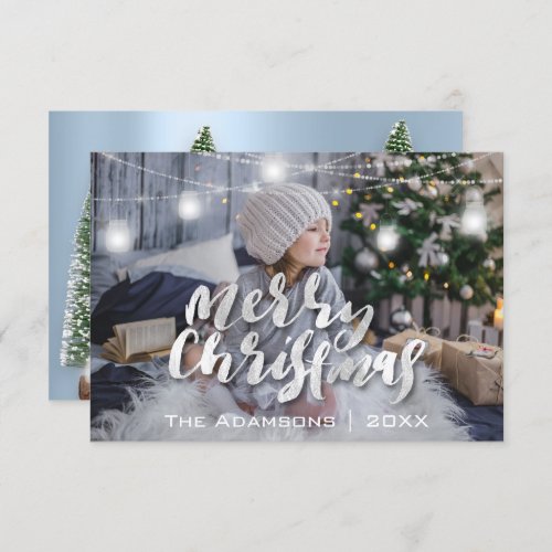 Merry Christmas Name Photo Tree Gray Lights Blue Invitation