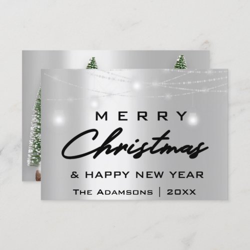 Merry Christmas Name Photo Tree Gray Lights Modern Invitation