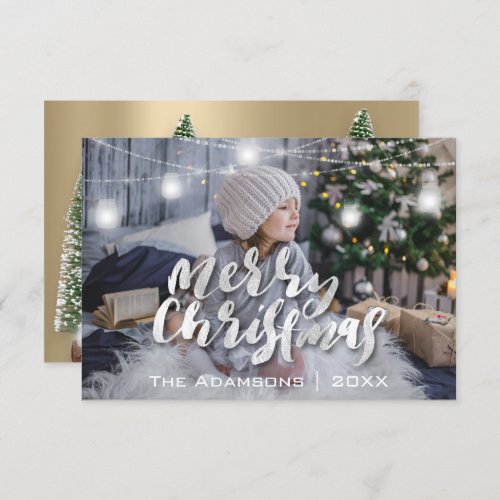 Merry Christmas Name Photo Tree Grey Lights Gold Invitation