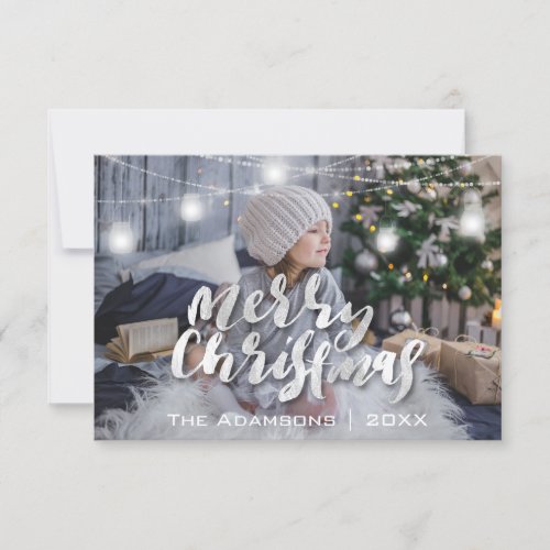 Merry Christmas Name Photo Tree Grey Lights Invitation