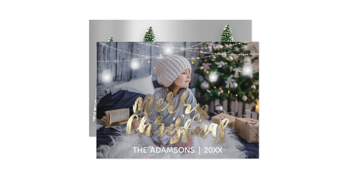 Merry Christmas Name Photo Tree Grey Lights Invitation Zazzle Com