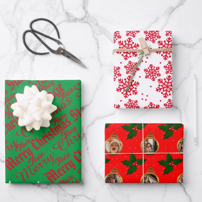 Merry Christmas Name Photo Wrapping Paper Sheets (Front)