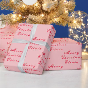 Merry Christmas Name Pink Red Simple Modern Wrapping Paper