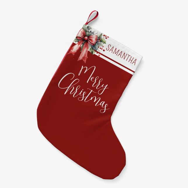 Merry Christmas Name Red Bow Holly Small Christmas Stocking (Front (Hanging))
