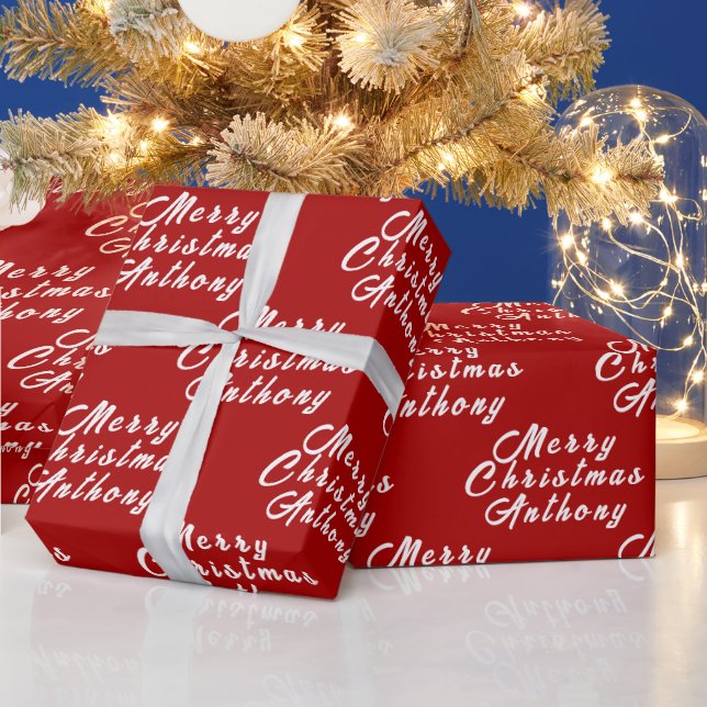 Merry Christmas Name Red White Simple Modern Wrapping Paper (Holidays)