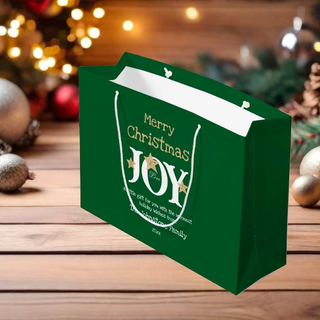 Merry Christmas Name Script Rustic Green Large Gift Bag (Make an Elegant statement with this large size gift bag for the holidays..)