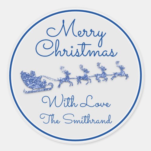 Merry Christmas Name Sleigh Santa Deer Blue Gray Classic Round Sticker