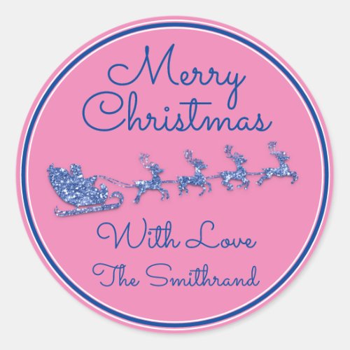 Merry Christmas Name Sleigh Santa Deer Blue Pink Classic Round Sticker