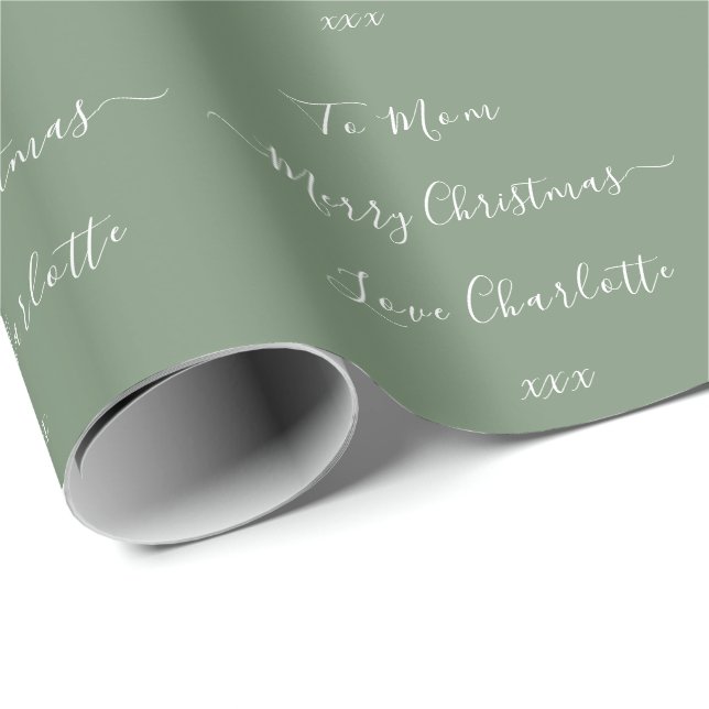 Merry Christmas Name To From Sage Green Wrapping Paper (Roll Corner)