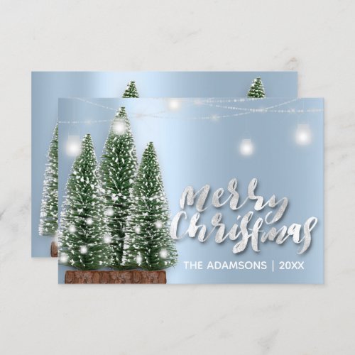 Merry Christmas Name Tree Blue Lights Silver Invitation