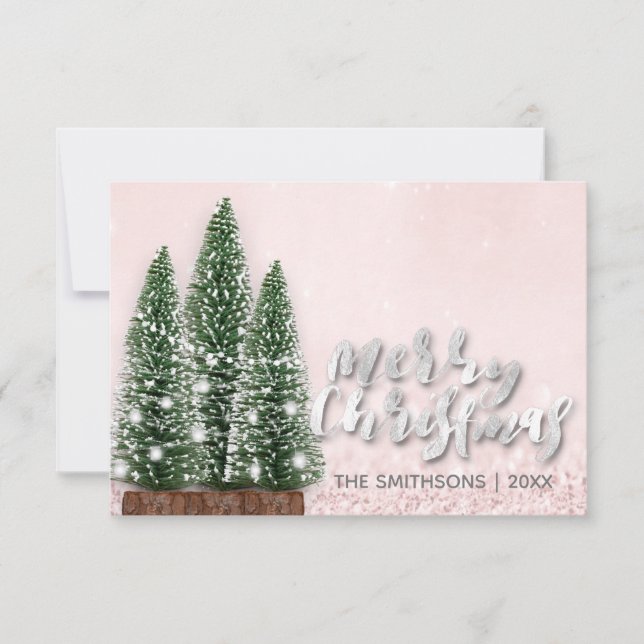 Merry Christmas Name Tree Rose Lights Silver Pink Invitation (Front)