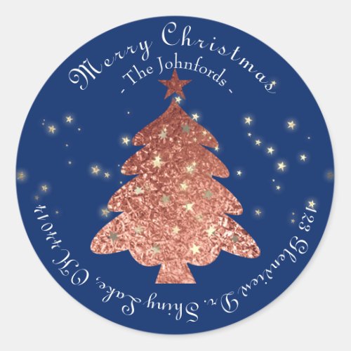 Merry Christmas Name Tree RSVP Rose Gold Blue Navy Classic Round Sticker