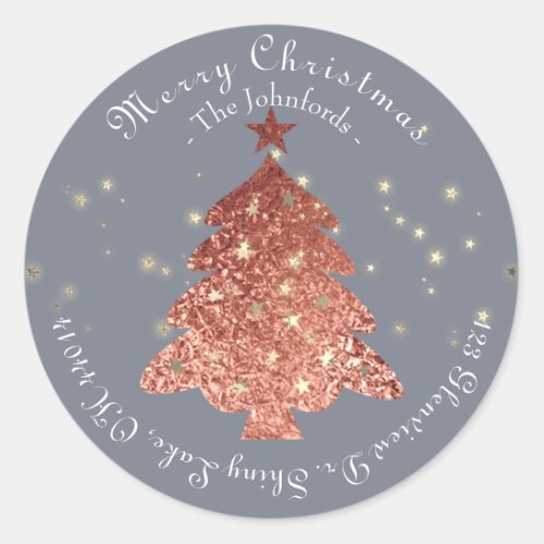 Merry Christmas Name Tree RSVP Rose Gold Gray Classic Round Sticker